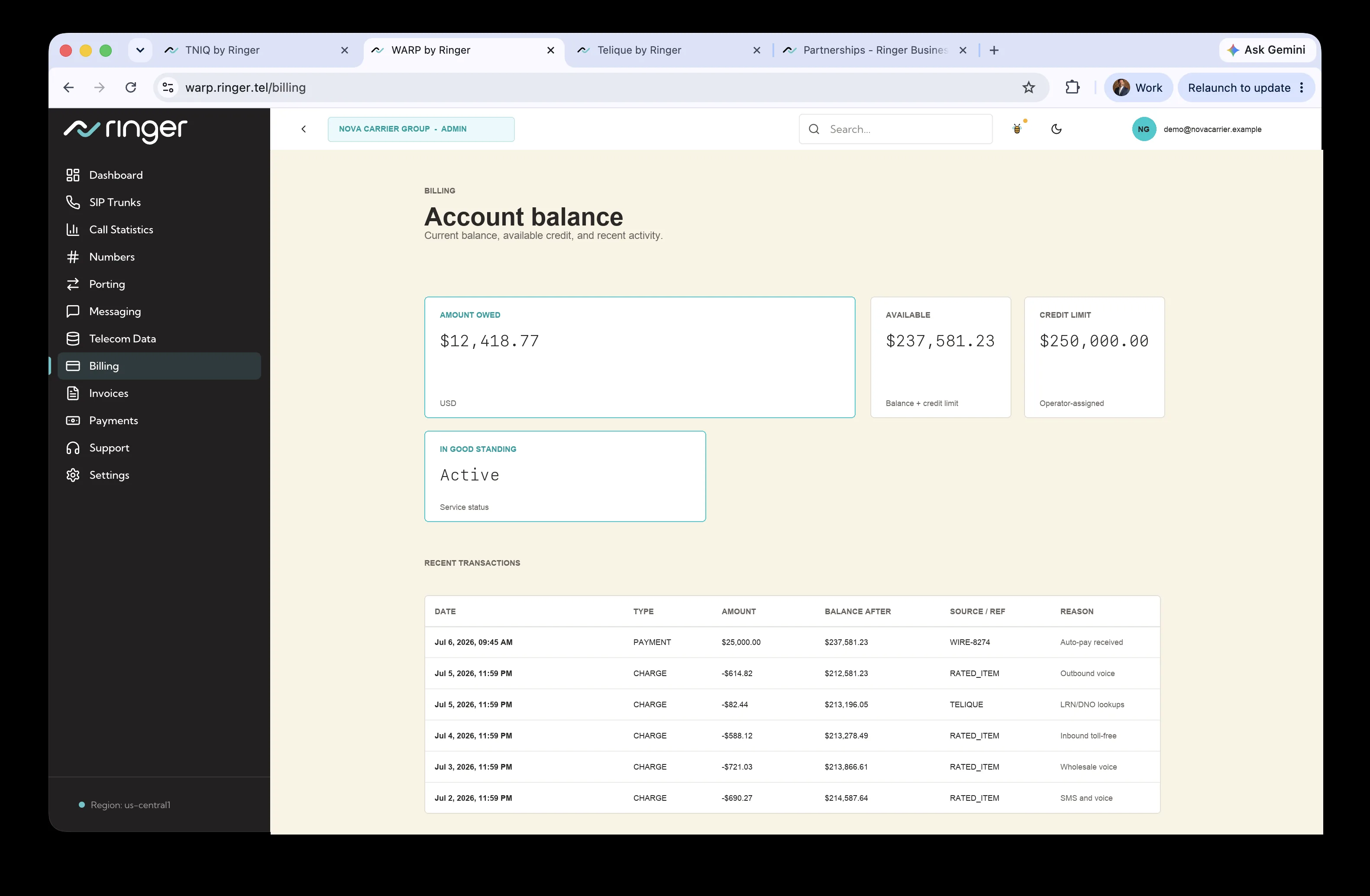 WARP billing — balance, ledger, and invoices that match the CDRs