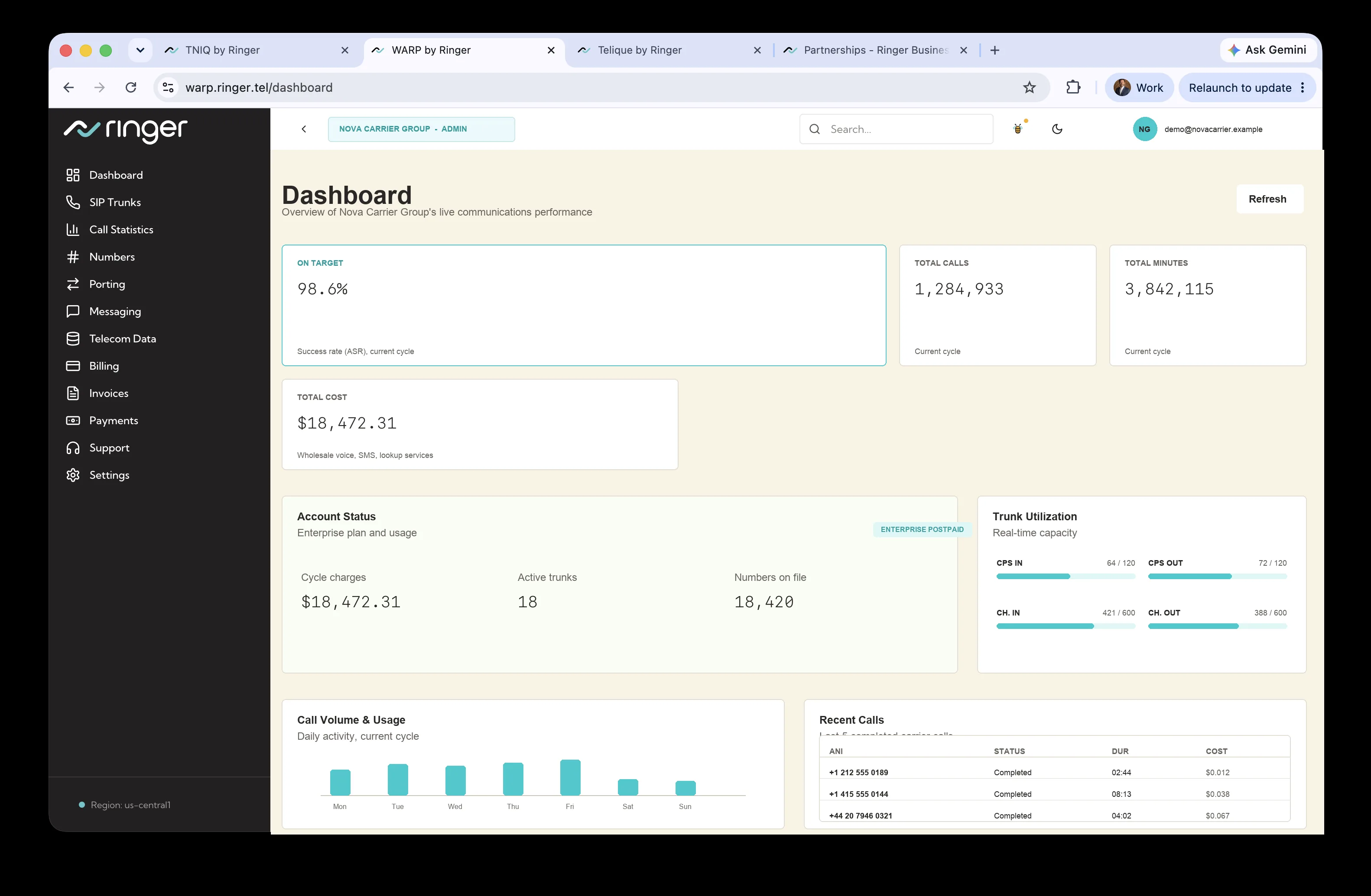WARP dashboard — live traffic, balance, and account health at a glance