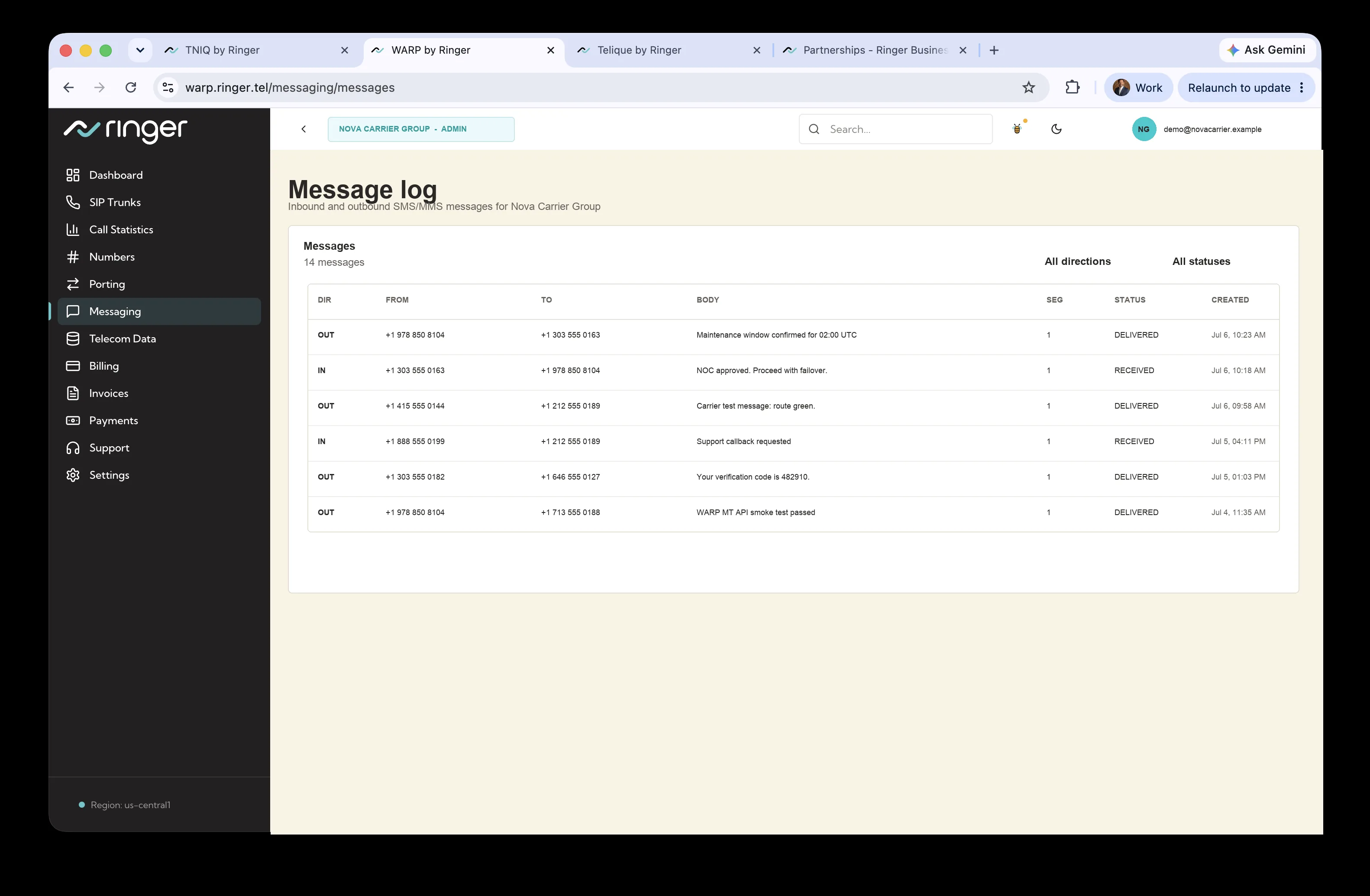 WARP messaging — 10DLC campaigns, per-TN enablement, and the message log