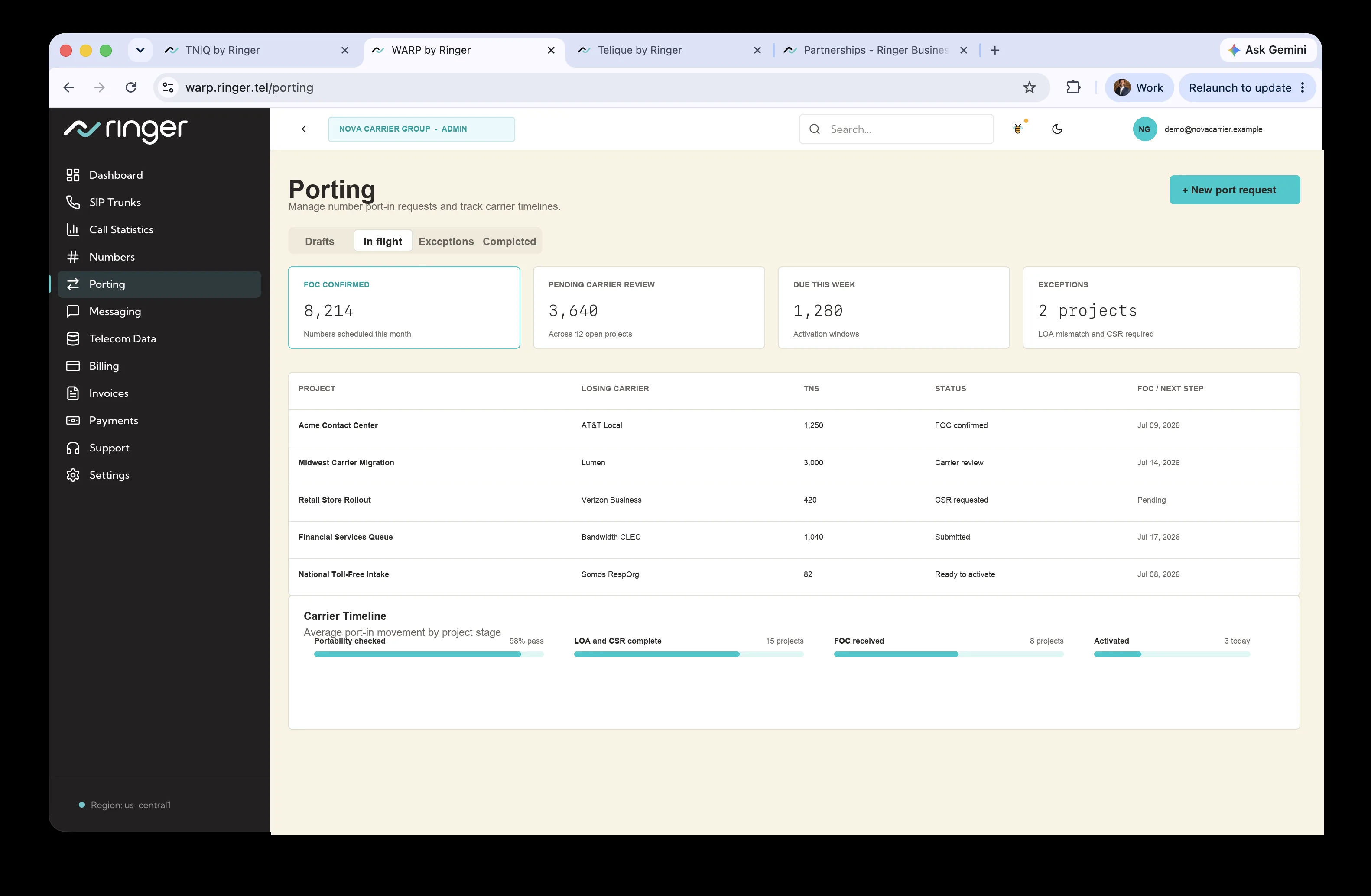 WARP port-in wizard — validation, LOA handling, FOC tracking, and activation