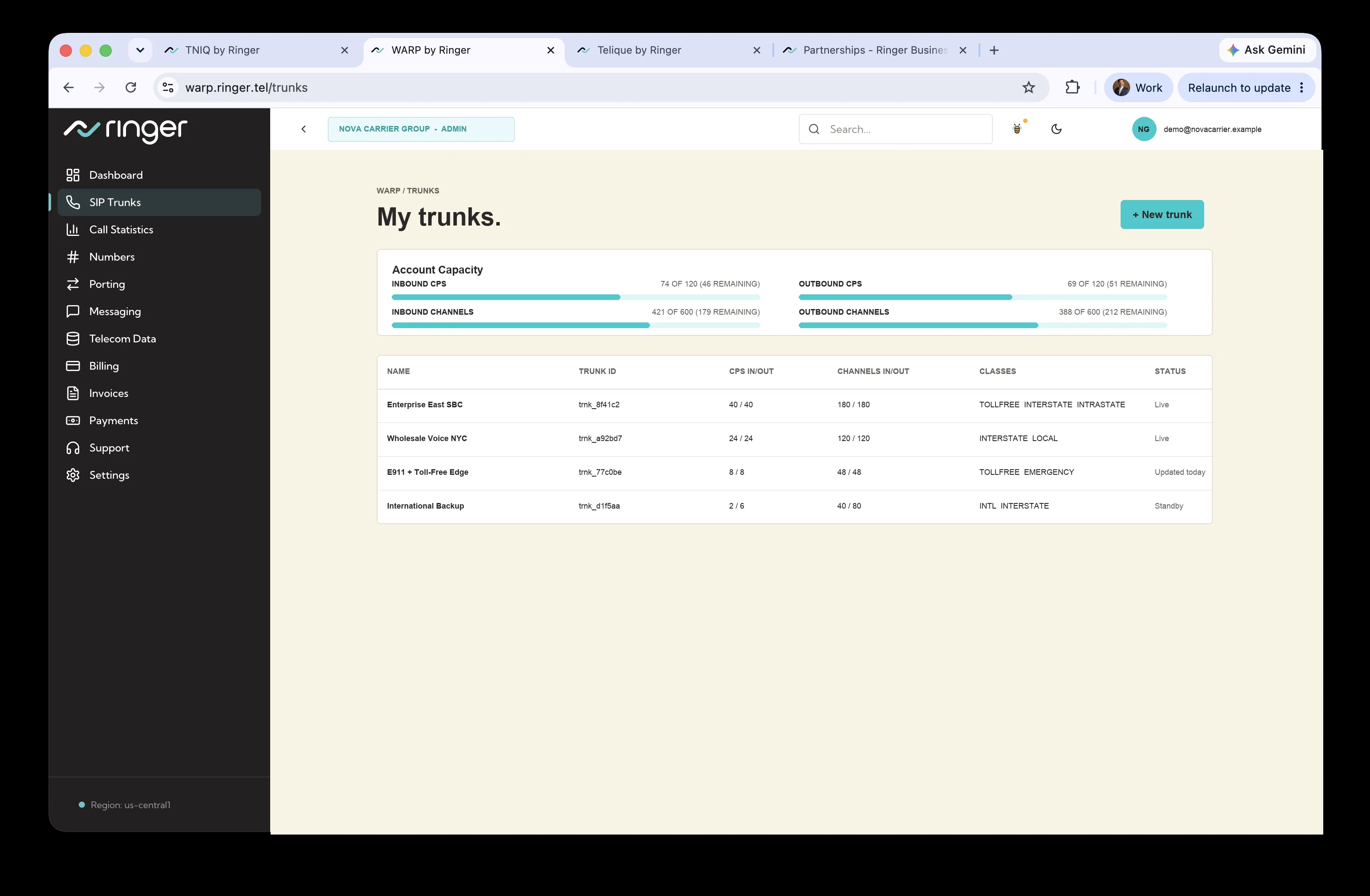 WARP SIP trunk management — credentials, IP ACLs, codecs, and capacity